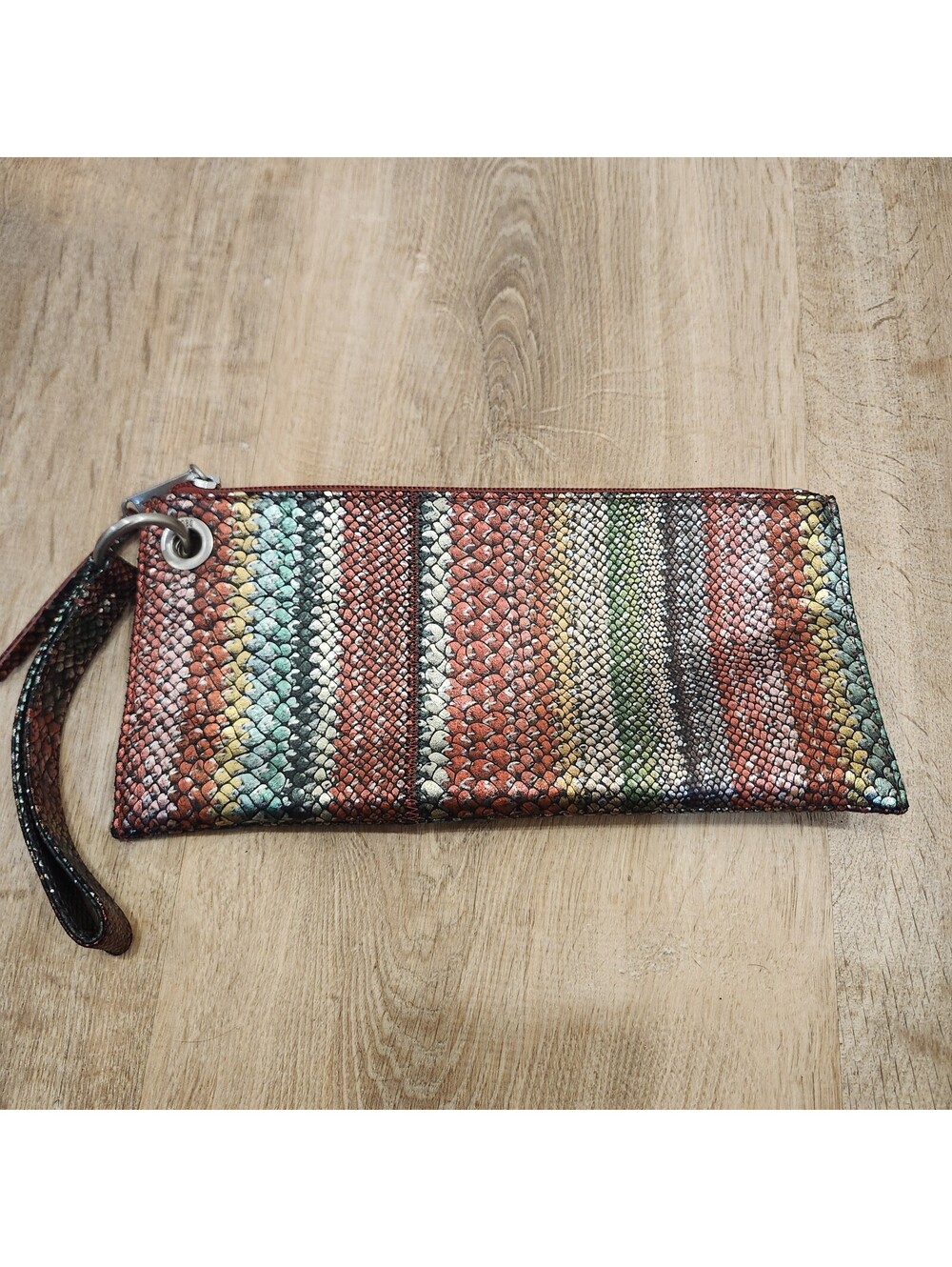 Hobo Vida Leather Wristlet Clutch Colorful Stripes Snake Embossed Zip Pouch NWOT